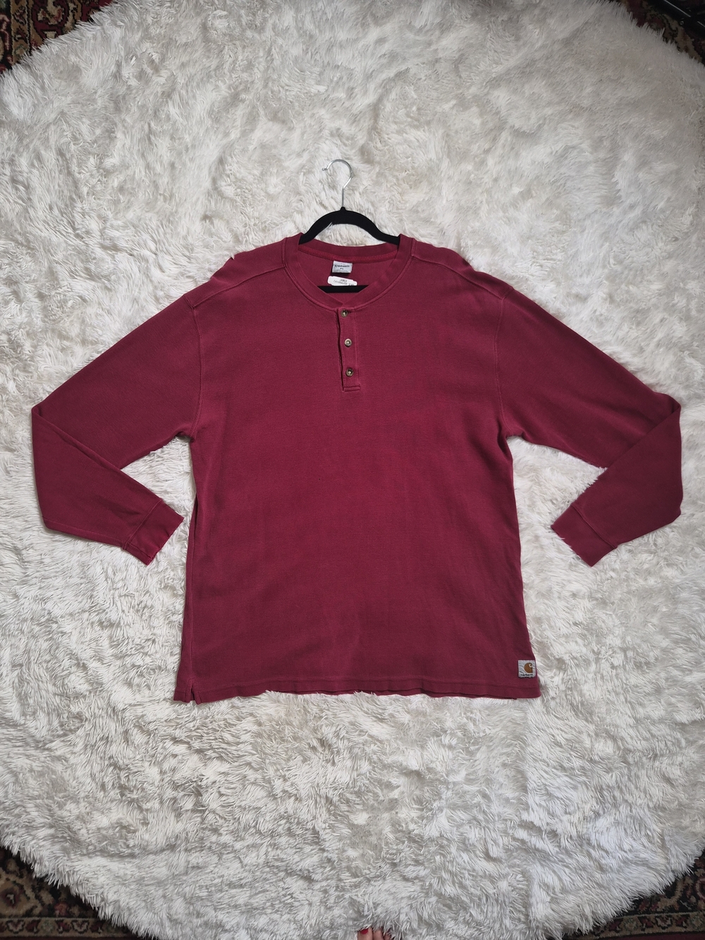 Mens Carhartt Henley Shirt Top Waffle Pullover Cotton Long Sleeve Size XL Red